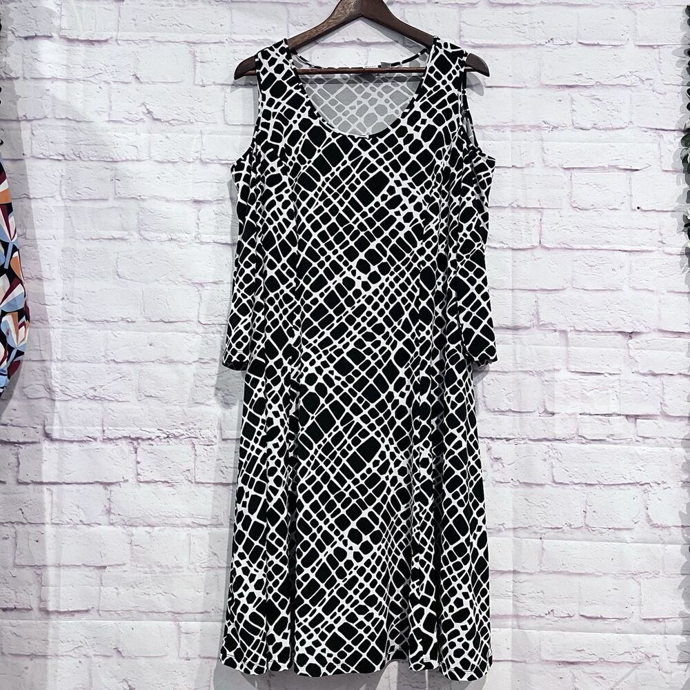 Susan Graver Black Print Liquid Knit Cold Shoulder Dress Size 1X Stretch Casual